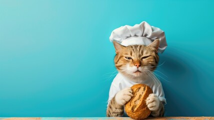 A baker cat with a grumpy expression holding a fresh loaf of bread