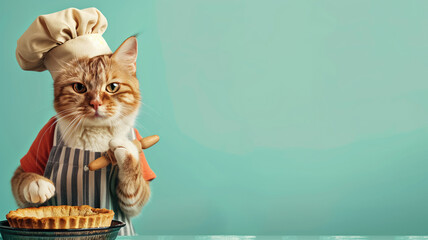 A chef cat in an apron holds a rolling pin and guards a pie