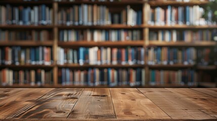 Wooden table top with copy space. Library background