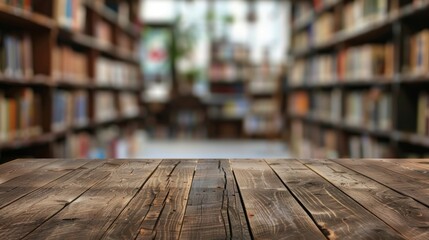 Wooden table top with copy space. Library background