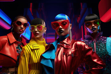 Obraz premium Models Showcase Retro Clothing and Bold, Colorful Accessories with Modern, Eclectic Style in Neon Colors