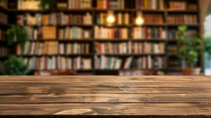 Wooden table top with copy space. Library background