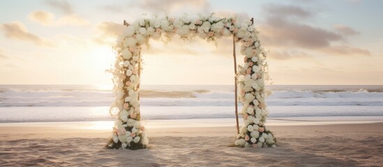A wedding arch adorned with flowers stands on a sandy beach as the sun sets in the background, creating a romantic scene for a beach wedding ceremony.