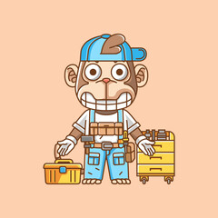 Cute monkey mechanic with tool at workshop cartoon animal character mascot icon flat style illustration concept