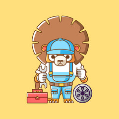 Cute lion mechanic with tool at workshop cartoon animal character mascot icon flat style illustration concept