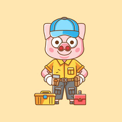 Cute pig mechanic with tool at workshop cartoon animal character mascot icon flat style illustration concept set