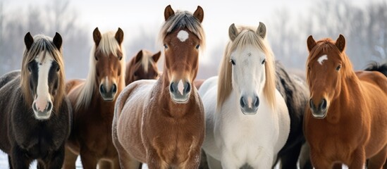 Fototapeta premium A group of horses standing closely next to each other in a paddock during winter weather. The horses are looking at the camera with alert expressions.