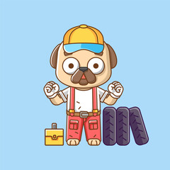 Cute dog mechanic with tool at workshop cartoon animal character mascot icon flat style illustration concept
