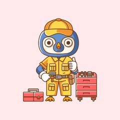 Cute penguin mechanic with tool at workshop cartoon animal character mascot icon flat style illustration concept