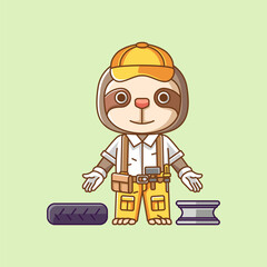 Fototapeta premium Cute Sloth mechanic with tool at workshop cartoon animal character mascot icon flat style illustration concept