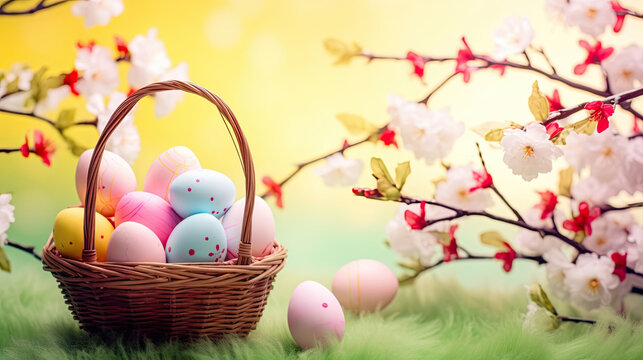 Easter Egg and Basket on Grass Field with Cherry Blossoms. Easter Sunday Banner Spring Flowers Decoration Background with Copy Space