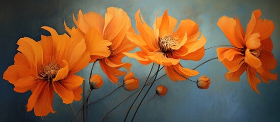 Four orange flowers painted on a vibrant blue background, each with delicate petals and green stems, creating a striking contrast and a focal point in the composition.