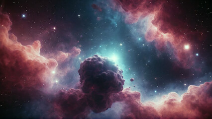 Universe illustration with nebulas and stars, full of details, magical and cinematic scene. AI generated image.	