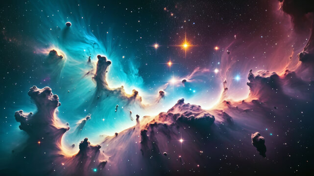Illustration of the universe with nebulas and stars, full of details, magical and cinematic scene