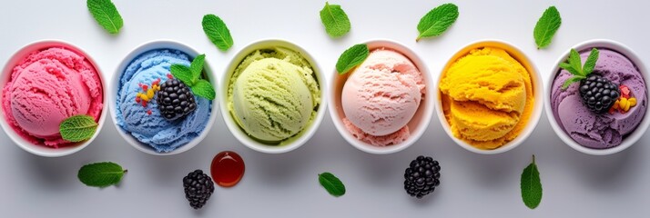 Various flavored ice cream scoops in a row, white background - obrazy, fototapety, plakaty