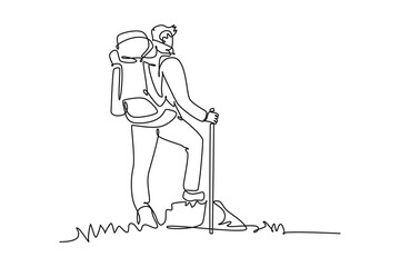 temp - new design 6000 x 4000 pxContinuous one line drawing solo hiker using stick when hike up mountain. Business, success, leadership, achievement and goal concept. Single line draw design vector il - obrazy, fototapety, plakaty