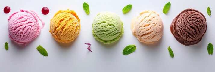 Colorful ice cream scoops with sauce drips and mint leaves