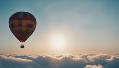 Obraz premium Hot air balloon rises very high in blue sky above white clouds bright sun shines