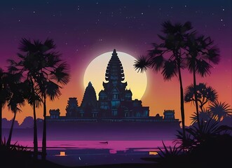 アンコールワット世界遺産シンプルレトロシルエットイラスト