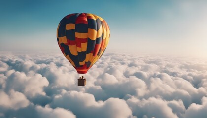 Fototapeta premium long shot of multi-colored hot air balloons floating above the mountains