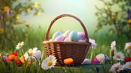 Easter Eggs in a Basket. Spring Flowers Garden Background. Front View with Copy Space for Happy Easter Festive Greeting Card