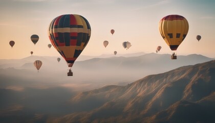 long shot of multi-colored hot air balloons floating above the mountains