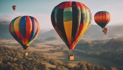 Fototapeta premium long shot of multi-colored hot air balloons floating above the mountains