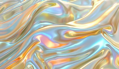 Obraz premium 3D render of a holographic iridescent abstract background with wavy fluid lines,gold pastel colors, in the style of a hologram generative ai