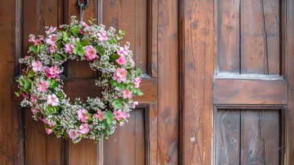 Fototapeta na wymiar A rustic wooden door adorned with a colorful floral wreath
