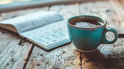 Fototapeten A cup of hot chocolate next to an open book on a wooden table © Татьяна Макарова