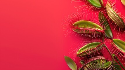 A Venus flytrap plant showcased against a stark red background, highlighting its unique form