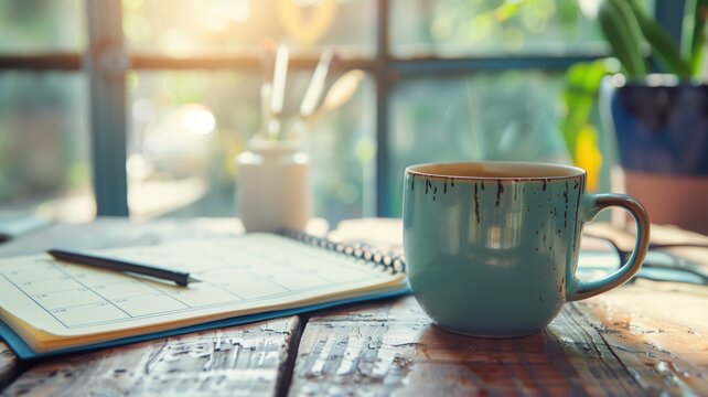 A coffee mug alongside a planner on a wooden desk