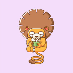 Cute lion relax with a cup of coffee cartoon animal character mascot icon flat style illustration concept