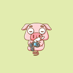 Cute pig relax with a cup of coffee cartoon animal character mascot icon flat style illustration concept