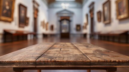 Wooden table top with copy space. Museum background