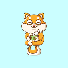 Cute shiba inu dog relax with a cup of coffee cartoon animal character mascot icon flat style illustration concept
