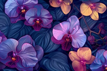 Background Texture Pattern Cel-Shaded Exotic Orchids showcasing the exotic beauty of orchids - Variety of orchid species in vibrant colors created with Generative AI Technology