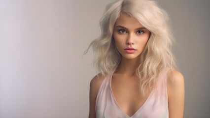Naklejka premium Simple studio portrait of a platinum blond model wearing a light pink top.. Copy space.