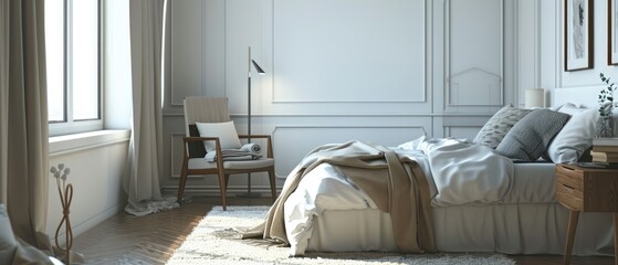 Simple design, ad, offer and modern home style. Double bed with pillows, soft blanket, carpet, lamp, armchair and furniture, on wooden floor. White wall, big window with curtains in bedroom interior