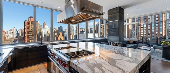 Rangehood over stove at countertop with large marble island in spacious black kitchen with bright windows at modern penthouse - obrazy, fototapety, plakaty