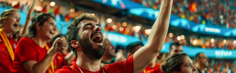 Spanish football soccer fans in a stadium supporting the national team, La Selección, La Furia Roja
