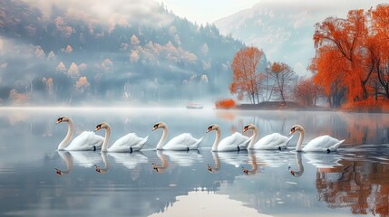 Flock of elegant swans gliding across a tranquil lake