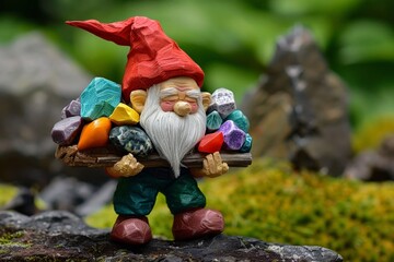 Plasticine gnome with a wheelbarrow full of gems vivid colors popping	
