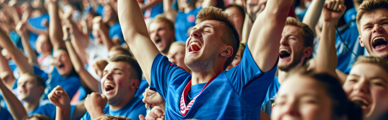 Slovakian football soccer fans in a stadium supporting the national team, Repre
 - obrazy, fototapety, plakaty