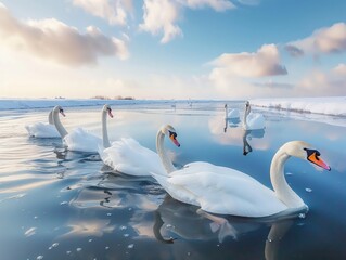Panoramic view of snow-white swans drifting peacefully on the water