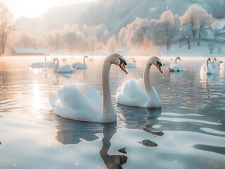 Panoramic view of snow-white swans drifting peacefully on the water