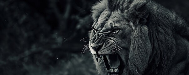 portrait of a male lion roaring in monochrome color
