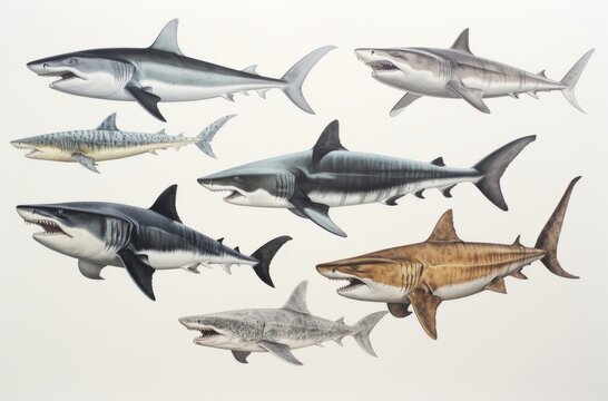 Collection of fierce looking sharks on white background