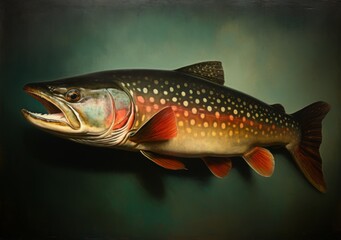 Naklejka premium Portrait of a big brown trout fish , light dark background
