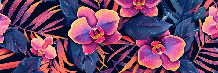 Background Texture Pattern Cel-Shaded Exotic Orchids showcasing the exotic beauty of orchids - Variety of orchid species in vibrant colors created with Generative AI Technology - obrazy, fototapety, plakaty